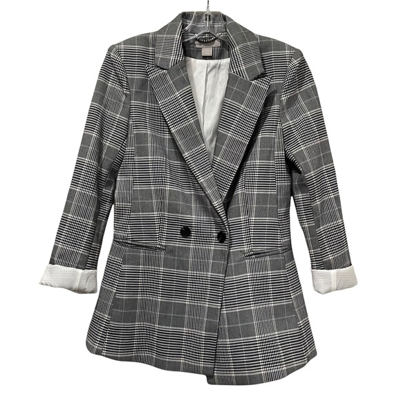 H&M Size 2 Button Plaid Checker Blazer Blue Black White Office Business 355